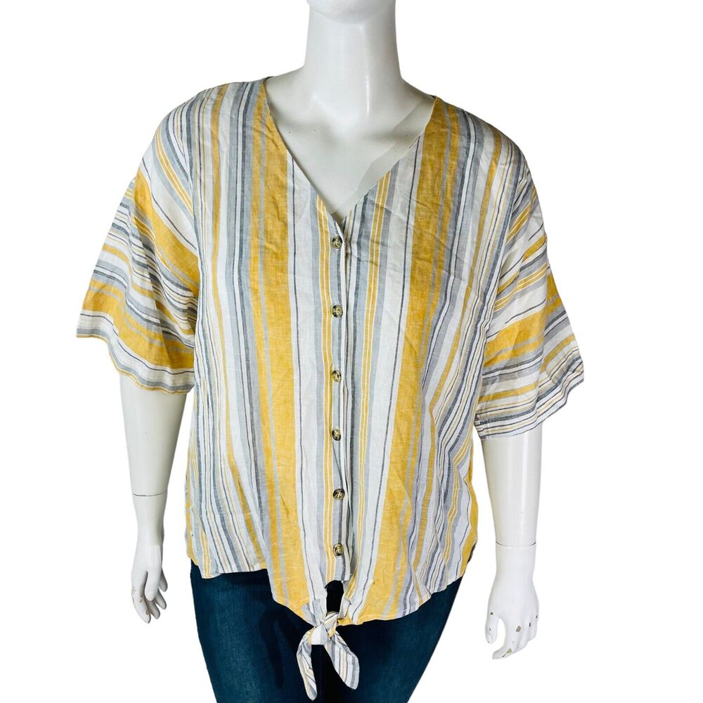 New Counterparts Womans Sz XL Blouse Gold Solid Stripe V Neck Short Sleeve NWT